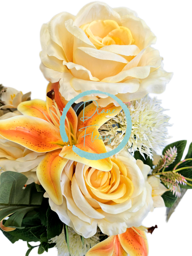 Exclusive artificial bouquet Roses, Lilies, Thistle and accessories x12 54cm x 30cm Yellow, Orange