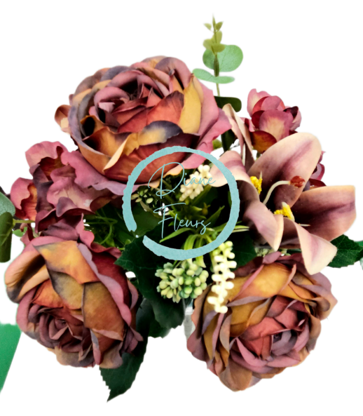 Bukiet sztuczny Piwonie, Lilie, Hortensje i dodatki 46cm brązowy