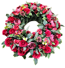 Coroană funerara de pin Exclusiv trandafiri, bujori si accesorii 85cm
