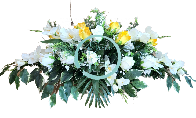 Frumos aranjament de doliu exclusive de trandafiri artificiali, gladiole si accesorii 85cm x 45cm x 30cm