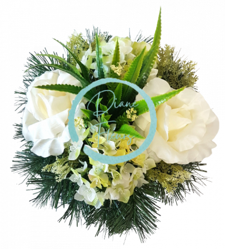 Trauergesteck aus künstliche Rosen, Hortensie und Zubehör Ø 28cm x 22cm