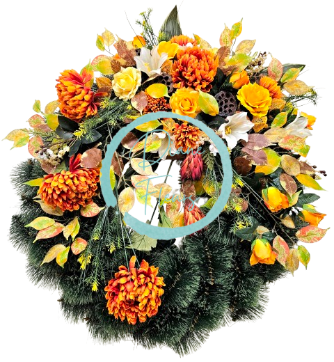 Luxusný smútočný veniec borovicový exclusive ruže, ľalie, chryzantémy a doplnky 90cm