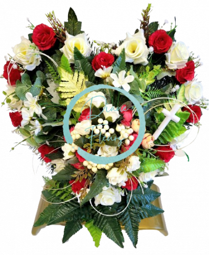Umělý smuteční věnec na stojanu "Srdce" Růže & Pivoňky & doplňky 45cm x 40cm