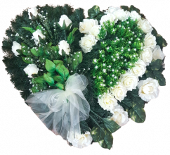 Smútočný veniec "Srdce" z umelých ruží a doplnky 80cm x 80cm zelený, krémový