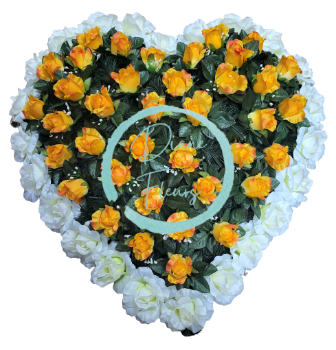 Wianek żałobny "Serce" wykonany ze sztucznych róż 80cm x 80cm kremowy, pomarańczowy