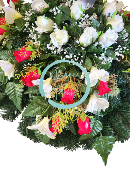 Smuteční věnec "kruh" z umělých růží, lilií s alstomerií a doplňky Ø 80cm