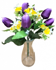 Tulipány a narcisy kytice umělá x12 33cm fialová, žlutá
