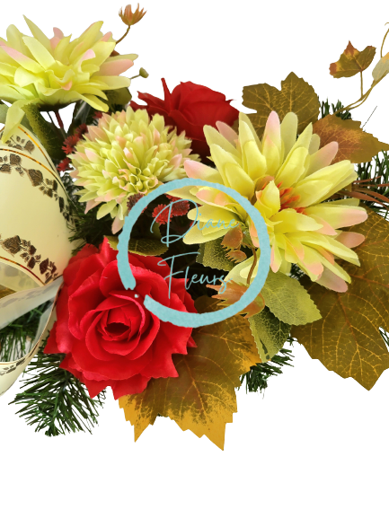 Žalobni aranžman umjetne krizanteme, ruže i dodaci 48cm x 28cm x 20cm