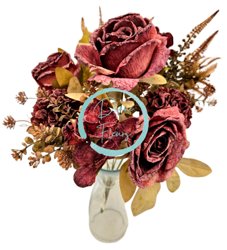 Изкуствен букет от рози, цинии и аксесоари 48 см бордо