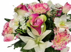 Blumenstrauß aus künstlichen Rosen, Nelken, Lilien und Orchideen x13 33cm Weinrote, Grün, Creme