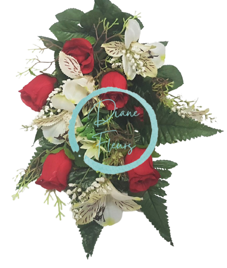 Ruža a Alstroméria kytica červená a biela x12 52cm umelá