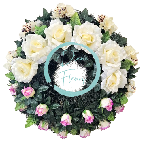 Smútočný veniec s umelými ružami a hortenziami Ø 65cm