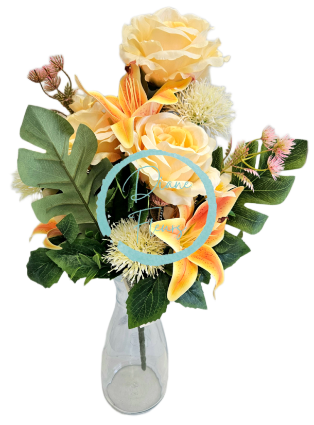Exclusive artificial bouquet Roses, Lilies, Thistle and accessories x12 54cm x 30cm Yellow, Orange