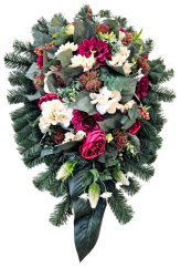 Coroana "frunze" de bujori artificiali, dalii, hortensii, ciulini si accesorii 95cm x 60cm