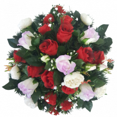 Pogrebni vijenac s umjetnim ružama i božurima Ø 44cm crvena, ljubičasta, kremasta