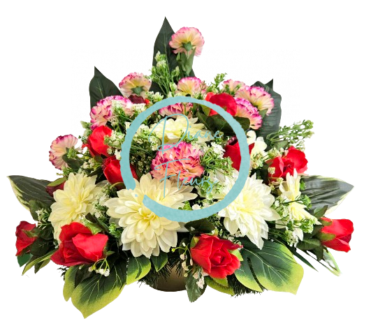 Wunderschönes Trauergesteck aus künstliche Nelken, Rosen, Dahlien und Zubehör 70cm x 45cm x 58cm
