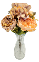 Umjetni buket božuri, hortenzije i dodaci x9 44cm smeđa, breskva