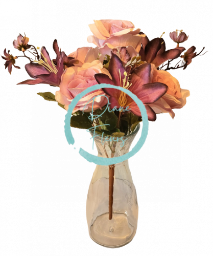 Bukiet róż, stokrotek i lilii x7 fioletowy, różowy 44cm sztuczny
