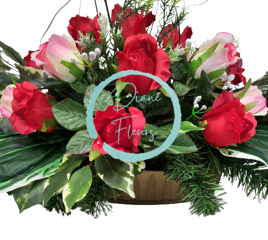 Krásný smuteční aranžmán betonka umělé růže, doplňky a stuha 77cm x 33cm x 40cm červená, růžová