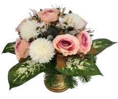 Sympathy arrangement made of artificial Chrysanthemums, Roses and Accessories 40cm x 40cm