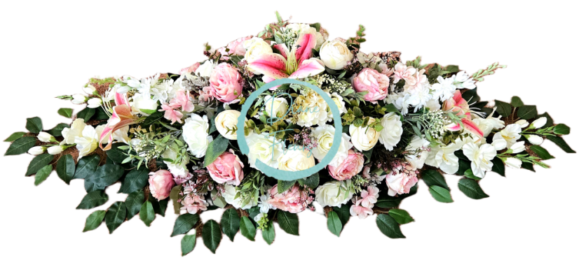 Großes Trauergesteck Exclusive aus künstliche Pfingstrosen, Rosen, Delphinium und Accessoires 135cm x 50cm x 35cm AS1017