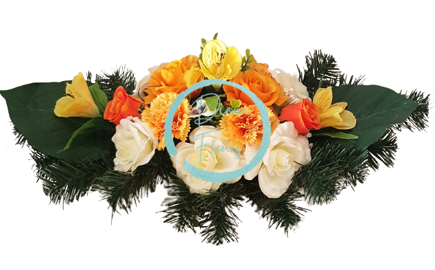 Piękna kompozycja żałobna owe sztuczne róże, goździki, alstromeria i dodatki 60cm x 30cm x 23cm żółty, kremowy, pomarańczowy