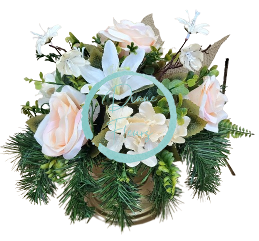 Sympathy arrangement made of artificial Lilies, Roses, Hydrangeas and Accessories Ø 30cm x 30cm