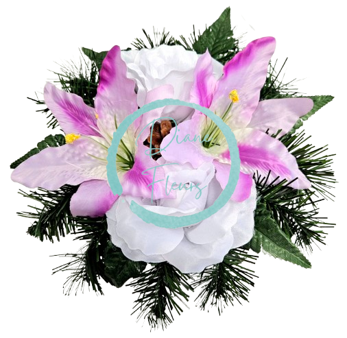 Aranjament trandafiri artificiali, crini şi accesorii Ø 28m x 16cm
