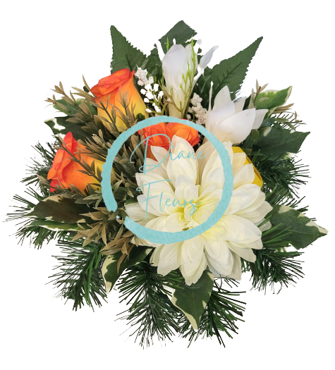 Smútočný aranžmán betonka umelé ruže, ľalie, dahlia a doplnky Ø 28cm x 15cm