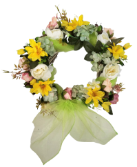 Coroană din răchită decorată cu trandafiri artificiali, bujori, margarete si hortensii Ø 30cm