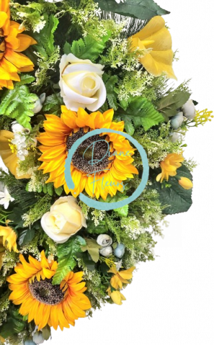 Luxurious artificial pine wreath Exclusive decorated with Sunflowers, Roses, Camellias, Marguerites and accessories 90cm