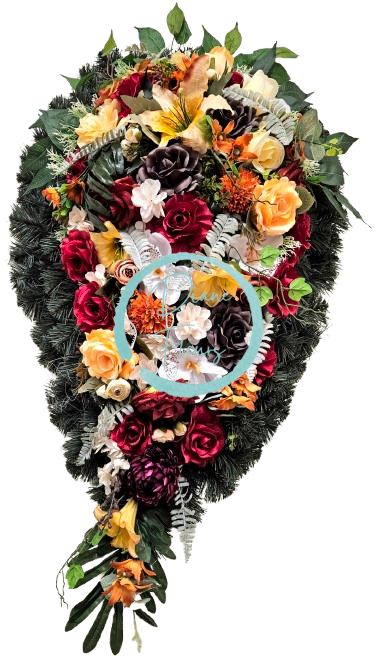 Smútočný veniec "Slza" umelé ruže, dálie, chryzantémy, ľalie, papraď a doplnky 110cm x 60cm