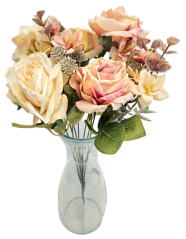 Umělá kytice růže, hortenzie a doplňky x9 44cm žlutá, růžová