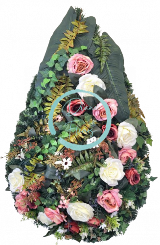 Smuteční věnec "Slza" růže, kopretiny, kapradina a doplňky 100cm x 60cm