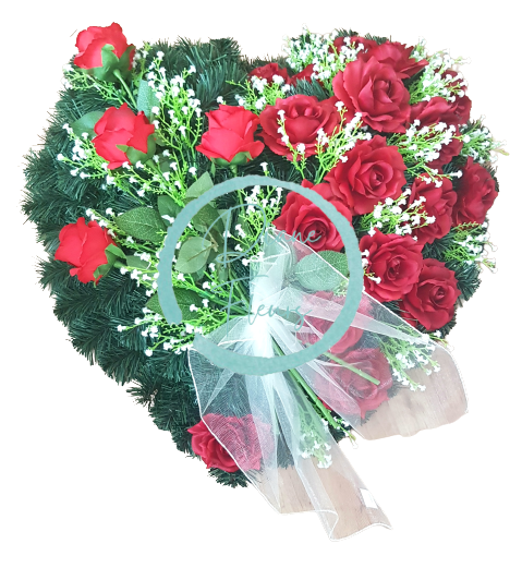 Smútočný veniec "Srdce" z umelých ruží a doplnky 65cm x 65cm červený