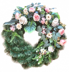 Coroană funerara de pin Exclusiv trandafiri artificiali, bujori, hortensii, gerbere și accesorii 80cm x 90cm