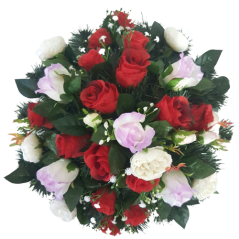 Temetési koszorú műrózsák és bazsarózsa Ø 44cm piros, lila, krém