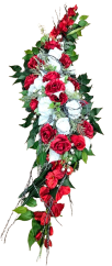 Smútočný veniec esíčko umelé ruže, gladioly, listy poinsettie a doplnky 150cm x 40cm