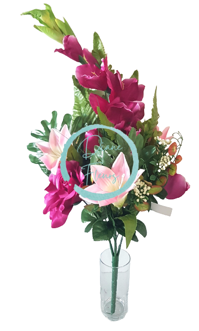 Luksusowy bukiet płaski róż, lilia, mieczyk i dodatki 70cm bordowy i różowy