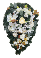 Smuteční věnec "List" z umělých růží, lilií, gladiol a doplňky 100cm x 55cm AS456