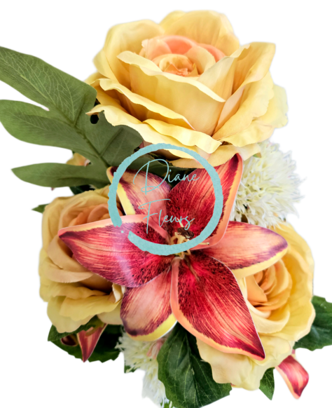 Exclusive artificial bouquet Roses, Lilies, Thistle and accessories x12 54cm x 30cm Yellow, Burgundy