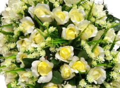 Luksusowy wieniec pogrzebowy „Zakrzywiona łza” ze sztucznych róż i hortensji oraz dodatki 85cm x 50cm