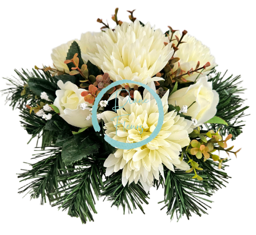 Pogrebni aranžma iz umetnih krizantem, vrtnic in dodatki 28cm x 18cm AS1087
