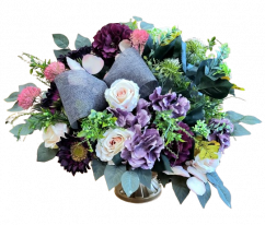 Sympathy arrangement exclusive made of artificial Roses, Hydrangeas, Thistle and Accessories 70cm x 50cm x 60cm
