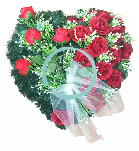 Pogrebni venec Srce umetnih vrtnic in dodatkov 65cm x 65cm rdeče barve