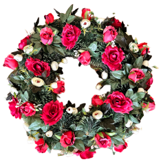 Coroană funerara de pin Exclusiv trandafiri, ranunculus, flori mici si accesorii 65cm