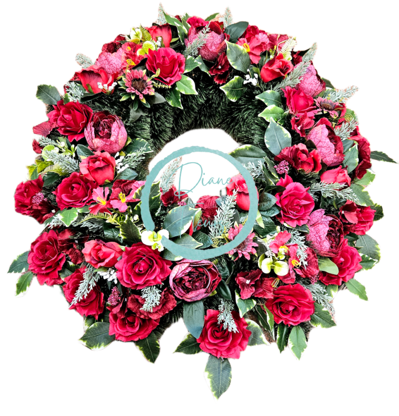 Smuteční věnec borovicový exclusive růže, pivoňky a doplňky 85cm AS1045