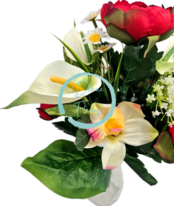 Mazzo artificiale di peonia, alstroemeria, calla e accessori 42 cm rosso