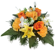 Kompozycja żałobna sztuczne goździki, róże, storczyki, lilie i dodatki 30cm x 20cm