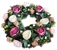 Coroană funerara de pin Exclusiv bujori, trandafiri, hortensii, flori mici si accesorii 65cm